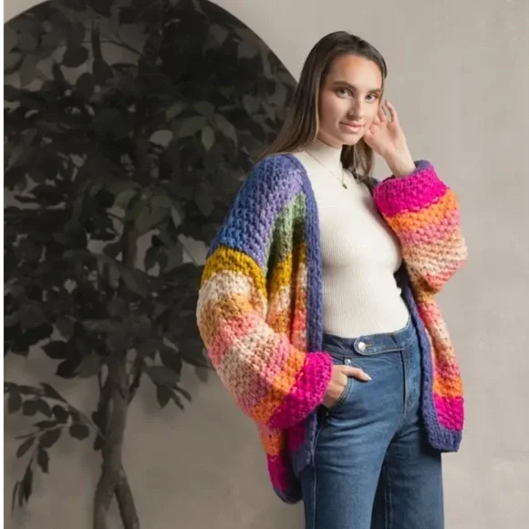 Saachi Mayflower stripe crocheted cardigan Multicolor Chunky Knit Sweater - Picture 5 of 12